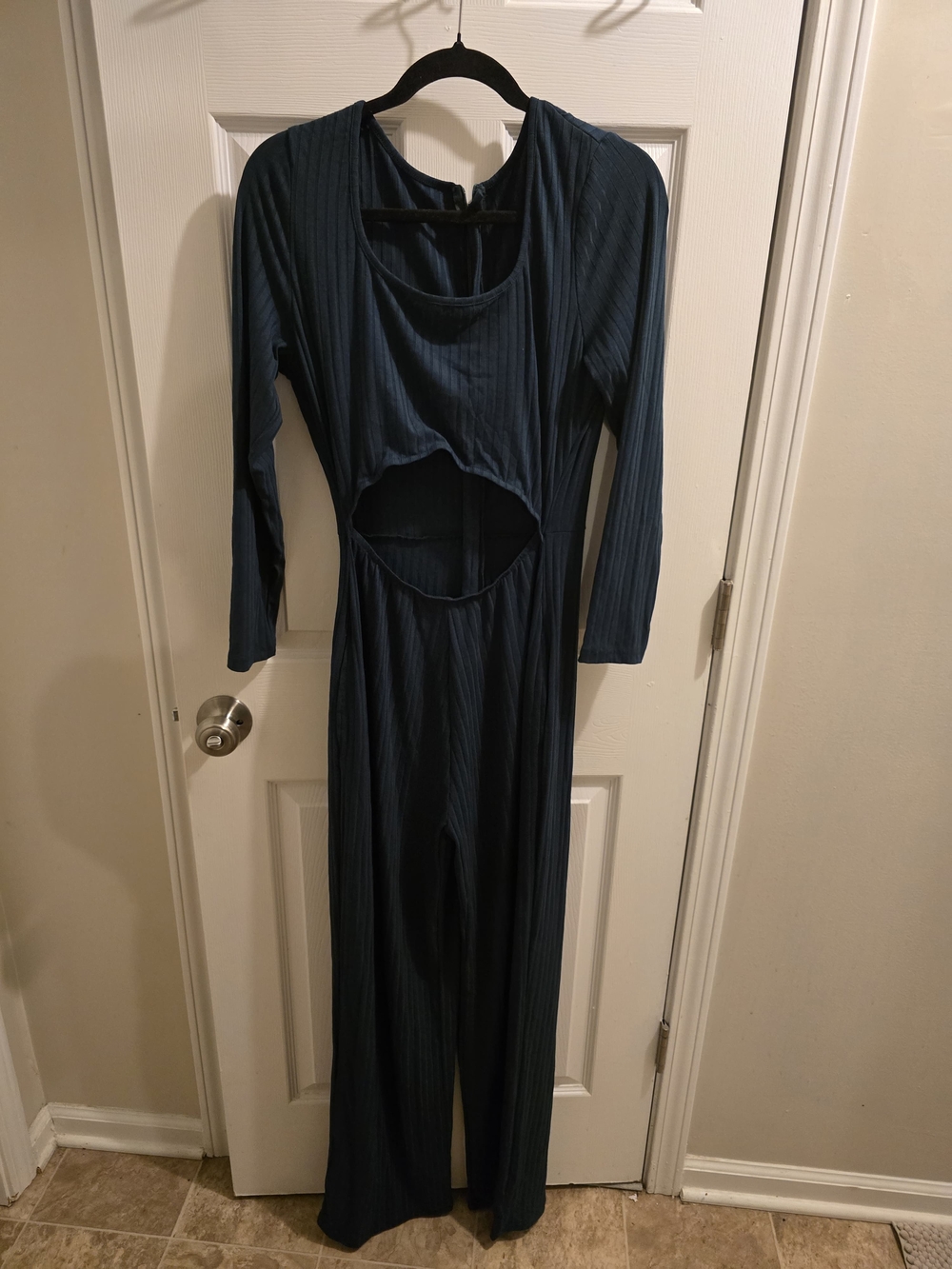 Ribbed Long Sleeve Cutout Jumpsuit — Deep Teal
